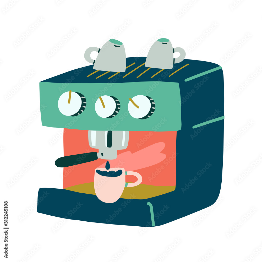 Modern coffee machine art, trendy flat handdrawn vector illustration of