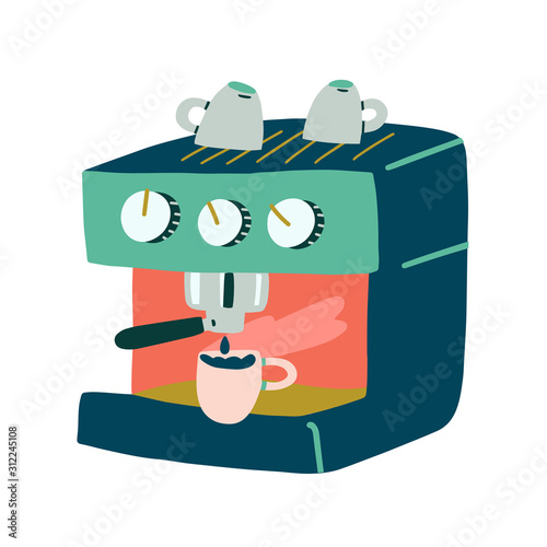 Modern coffee machine art, trendy flat handdrawn vector illustration of coffee maker, colorful simple cartoon style, isolated drawing, good as logo, icon, sticker for coffee shop or barista.