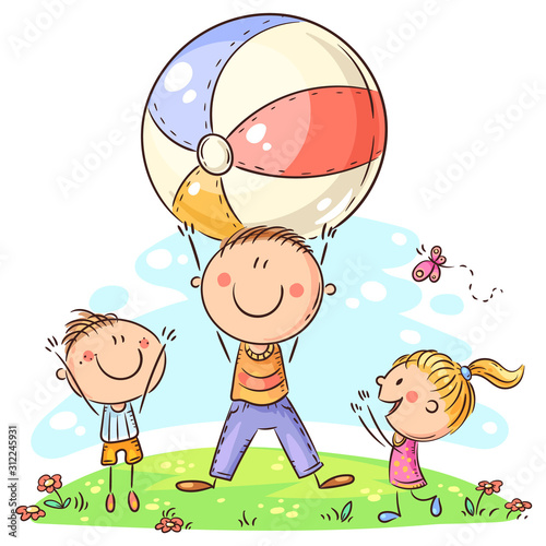 Happy father playing ball with his kids