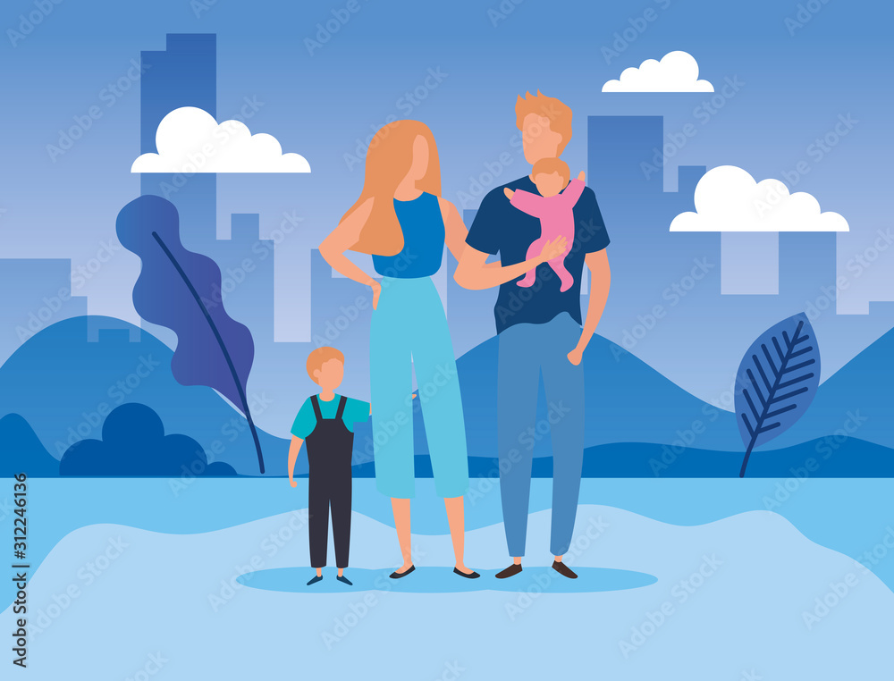 parents with sons in the park vector illustration design