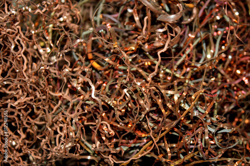 Close-up copper shavings after a lathe