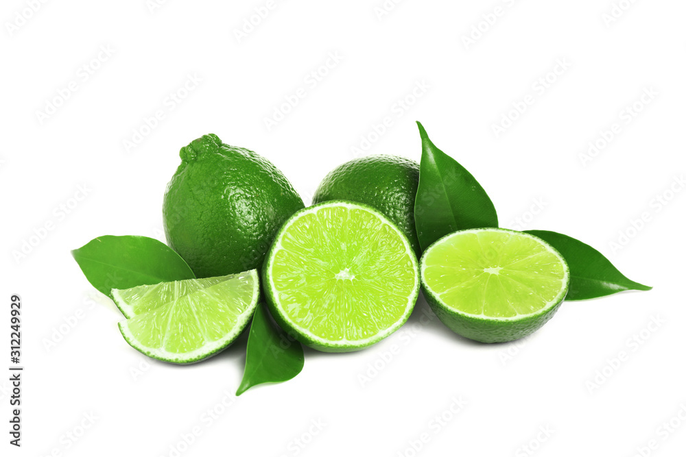 Fresh ripe green limes isolated on white Fresh ripe green limes isolated on white