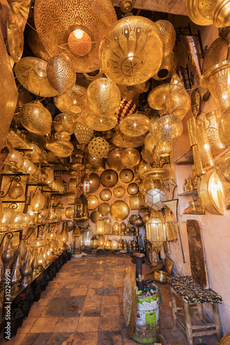 Moroccan style hanging lamps at the market in medina. Lamps and souvenir shops, Marrakech. Traditional moroccan market, Morocco in Africa. Store in Marrakech or Fes taken in December 2019 Nice gift