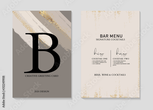 Vector marble grey grunge brush strokes and golden sparkles, hand drawn typography, party concept, bar menu template, poster template