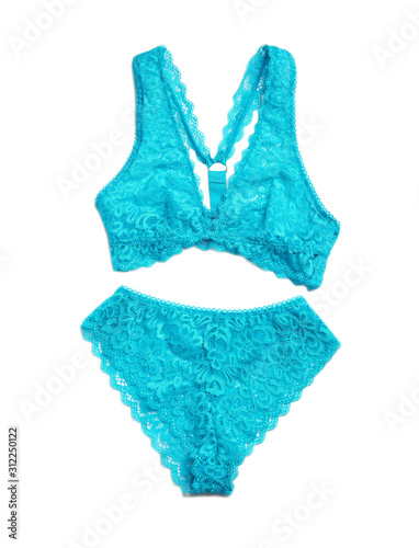 Elegant turquoise women's underwear isolated on white, top view