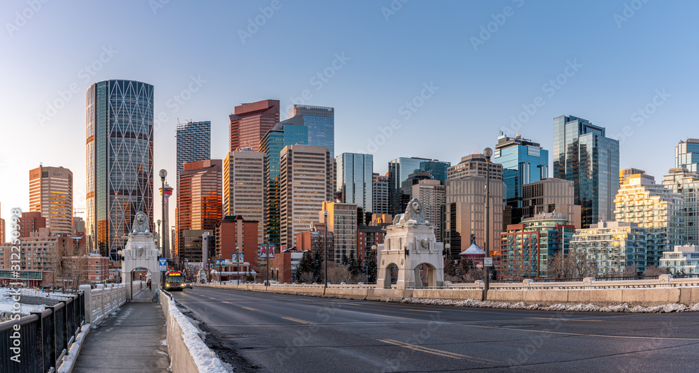 Panoramic view of Calgary's skyline along the centre street bridge.