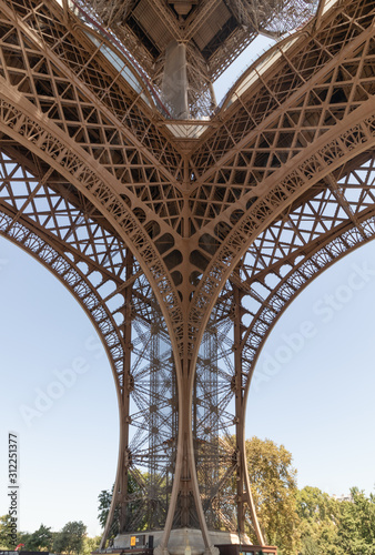 Partial view metal structure of the Eiffel Tower in Paris  France. September 2019