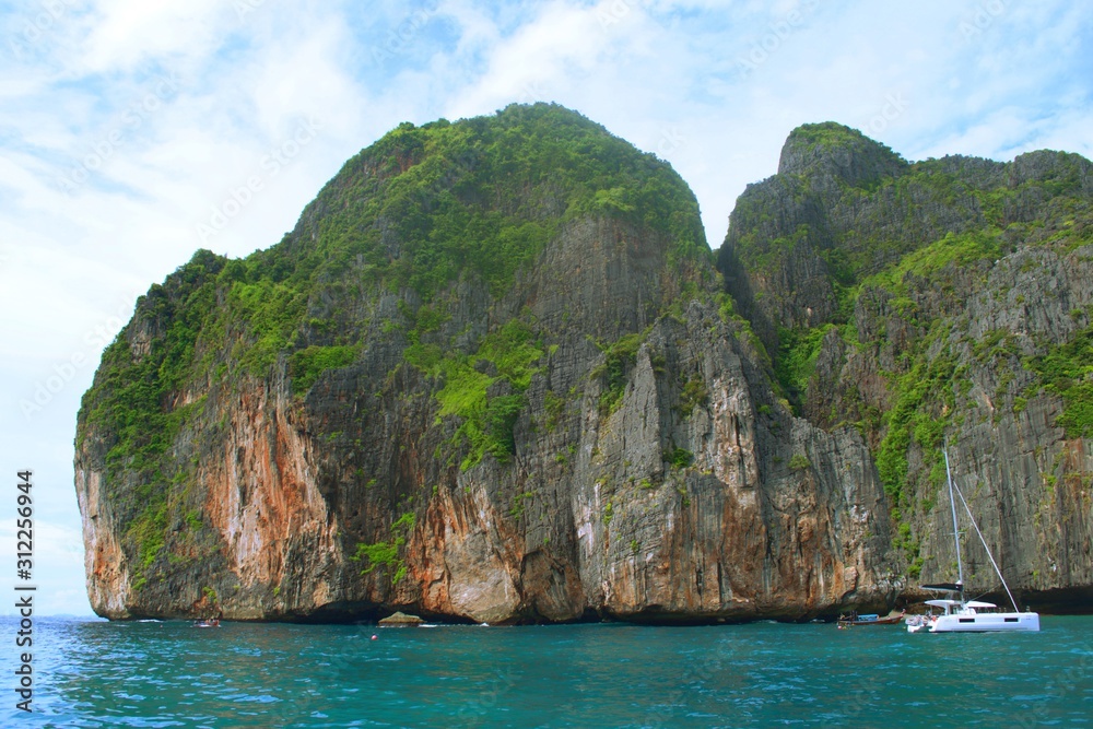 Stone cliffs on the coast of Phi Phi islands, Thailand.