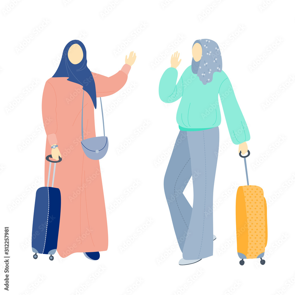 Muslim girl with a suitcase. Tourists, characters with things gesturing  hello or bye. Hajj or Omra. Students women in islamic clothes with a  suitcase flat style vector. Muslim fashion. Colors 2020 Stock