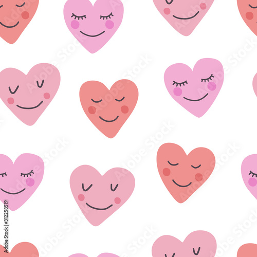 Seamless pattern with cute hand drawn hearts on white background. Design for kids, vector illustration