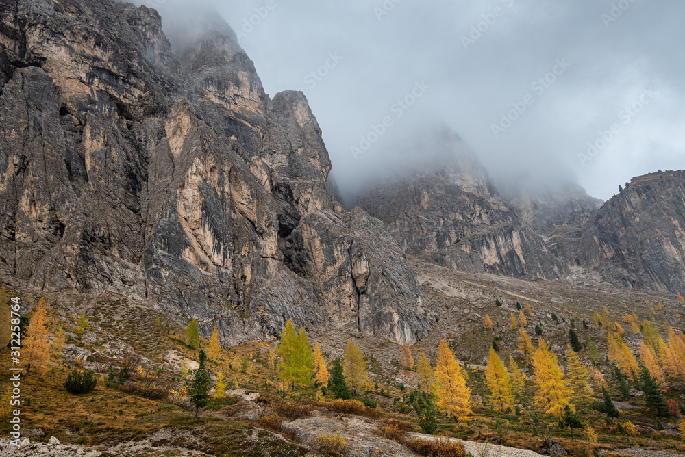 Beautiful mountain landscape of the picturesque Dolomites mountain peaks  at Passo Gardena area in Italy.
