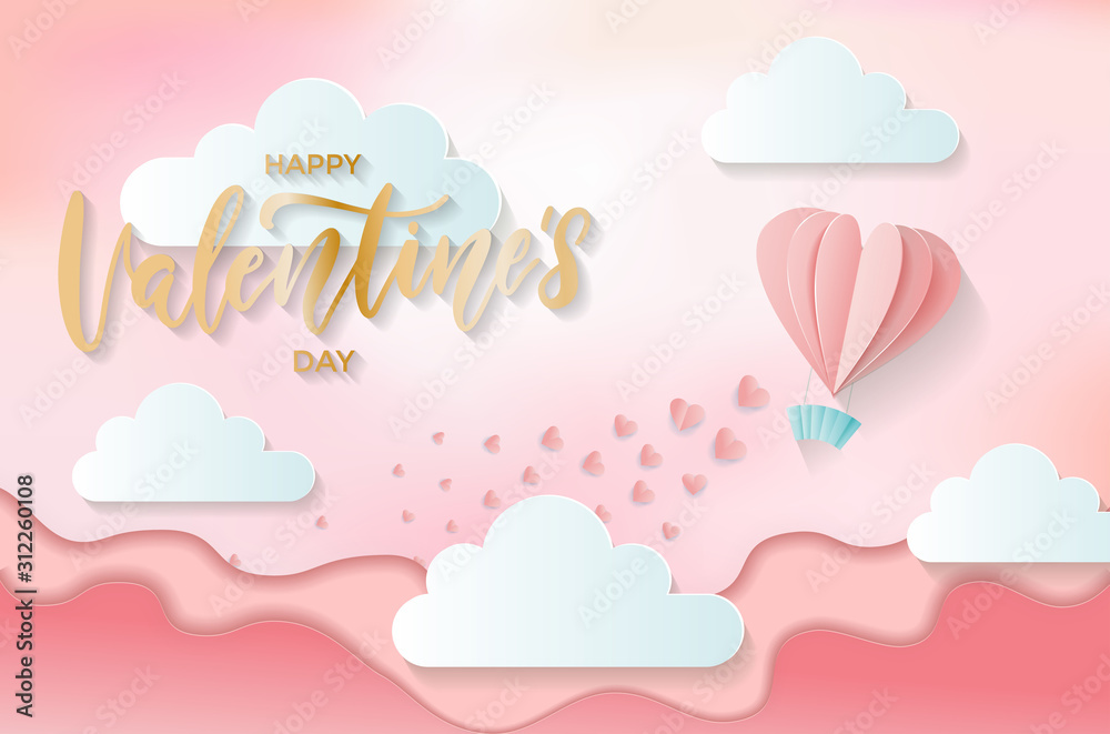 Paper cut hot air heart shaped balloon flying on over the hills and scattering little hearts. Origami digital craft style. illustration of love and Valentine's day with golden lettering greetings