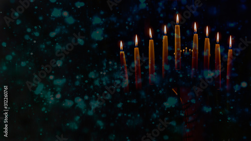 Menorah with lit candles in celebration of Chanukah. A symbolic candle lighting for the Jewish holiday of Hanukkah. The eighth and final night of Hanukkah.