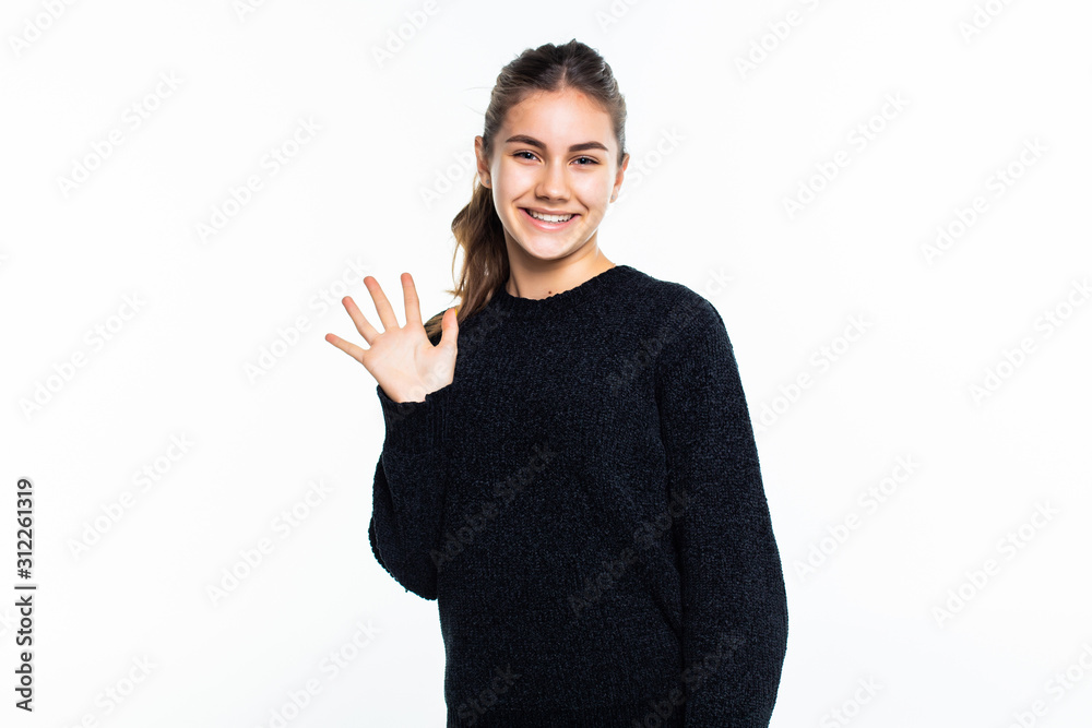 Young woman say hello isolated on white background Young woman say hello isolated on white background