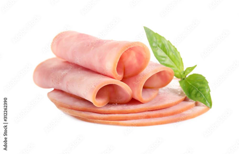 Slices of tasty fresh ham with basil isolated on white Slices of tasty fresh ham with basil isolated on white
