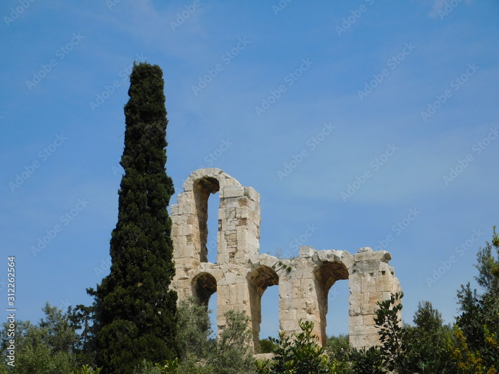 View of the exterior wall arches of the Odeon of Herodes Atticus, or Herodeon, in Athens, Greece
