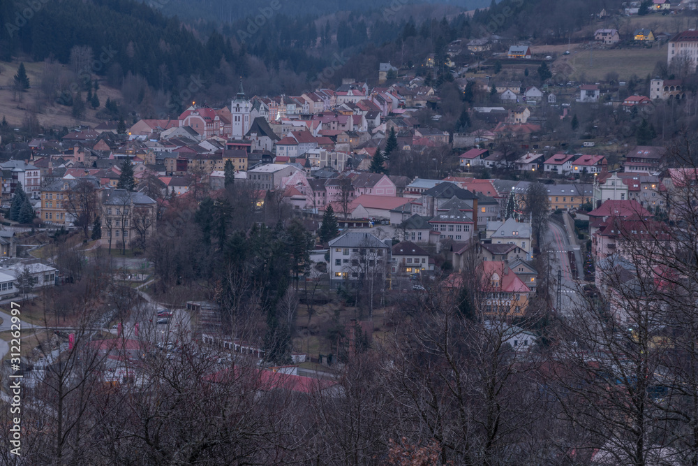 View over Vimperk town in winter dark cold evening