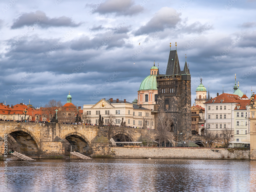 Charles Bridge in Autumn Before Rain, Gray-Blue Cloudy Afternoon Weather, Prague - the Capital of the Czech Republic