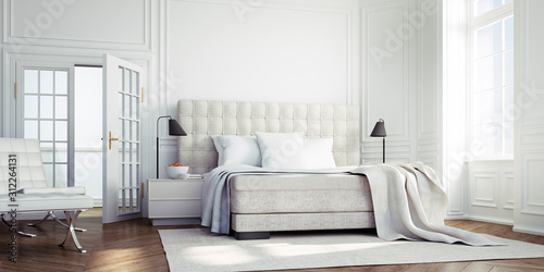 Classic Loft with Bed Classic white Bedroom - 3D illustration