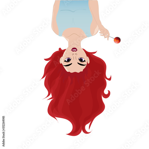 Redhead girl hangs upside down and holds a lollipop in her hand. Vector art