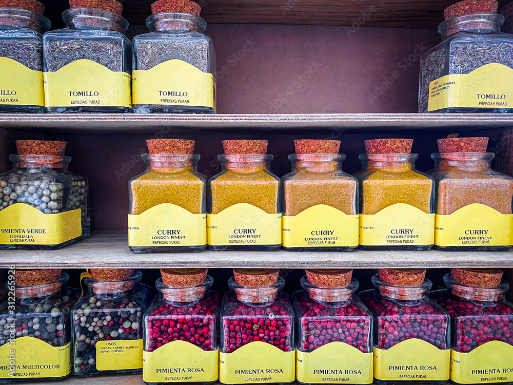 Jars of spices and condiments Jars of spices and condiments