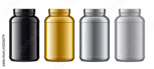 Set of plastic Jars. Metalized surface version. Gold, Silver, Grey, Black colors.