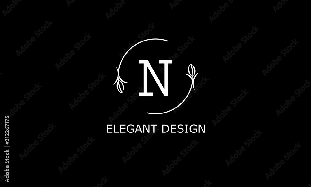 Design of modern monogram on black background with letter N. Vector floral logo.