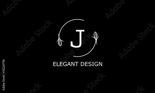 Design of modern monogram on black background with letter J. Vector floral logo.