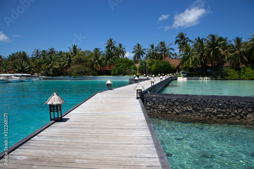 Fototapeta Naklejka Na Ścianę i Meble -  Maldives paradise beach. Perfect tropical island. Beautiful palm trees and tropical beach. Moody blue sky and blue lagoon. Luxury travel summer holiday background concept.