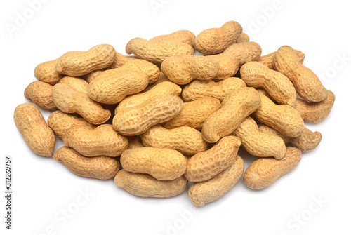 Peanuts isolated on white background. Perfectly retouched, full depth of field on the photo. Top view, flat lay