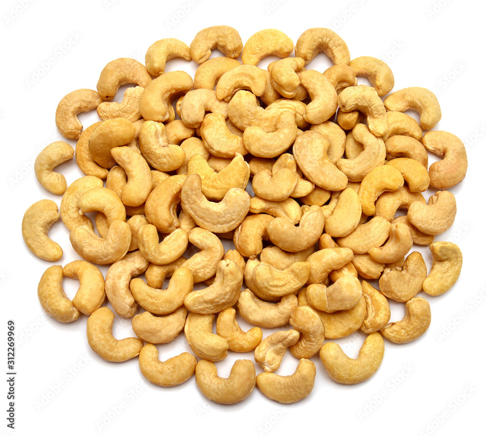 Cashew nuts isolated on white background. Perfectly retouched, full depth of field on the photo. Top view, flat lay Cashew nuts isolated on white background. Perfectly retouched, full depth of field on the photo. Top view, flat lay