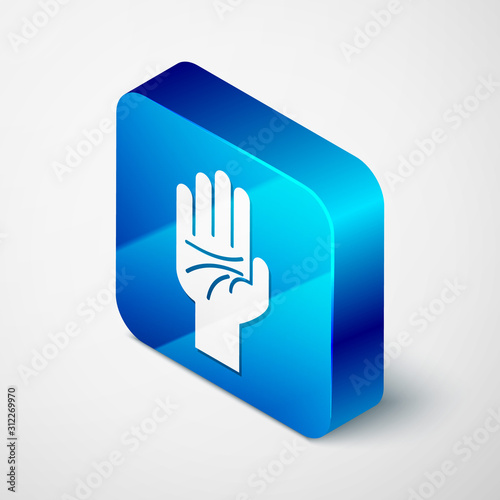Isometric Palmistry of the hand icon isolated on white background. Blue square button. Vector Illustration