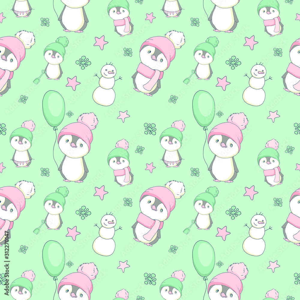 seamless pattern with cute penguins in hat
