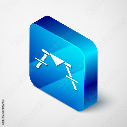 Isometric Picnic table with benches on either side of the table icon isolated on white background. Blue square button. Vector Illustration