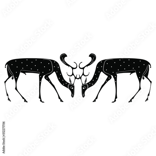 Isolated vector illustration. Symmetrical animal decor with silhouettes of two deer. Black and white silhouette.