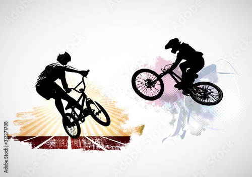 Active people. BMX rider in abstract sport landscape background, vector.