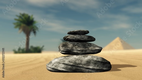 Pyramid of stones in the desert  3D rendering.