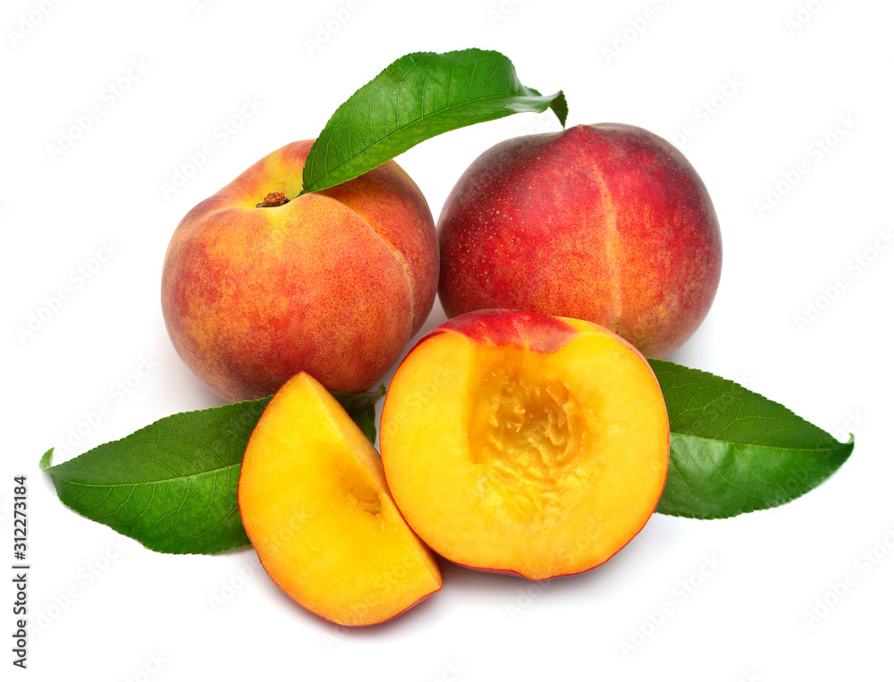 Peach fruit whole and half with leaf isolated on white background. Perfectly retouched, full depth of field on the photo. Flat lay, top view Peach fruit whole and half with leaf isolated on white background. Perfectly retouched, full depth of field on the photo. Flat lay, top view