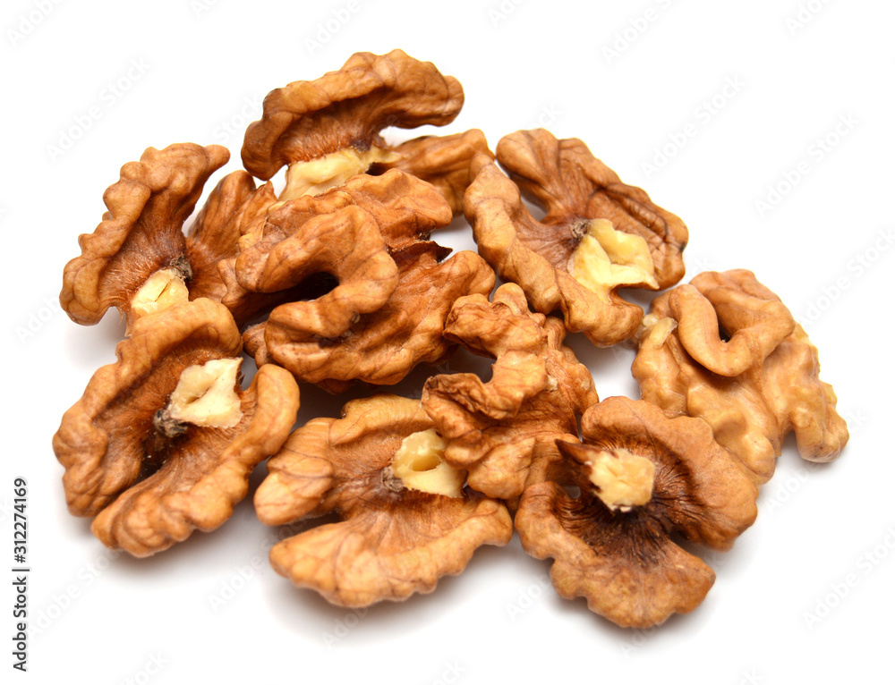 Walnuts kernels isolated on white background. Flat lay, top view Walnuts kernels isolated on white background. Flat lay, top view