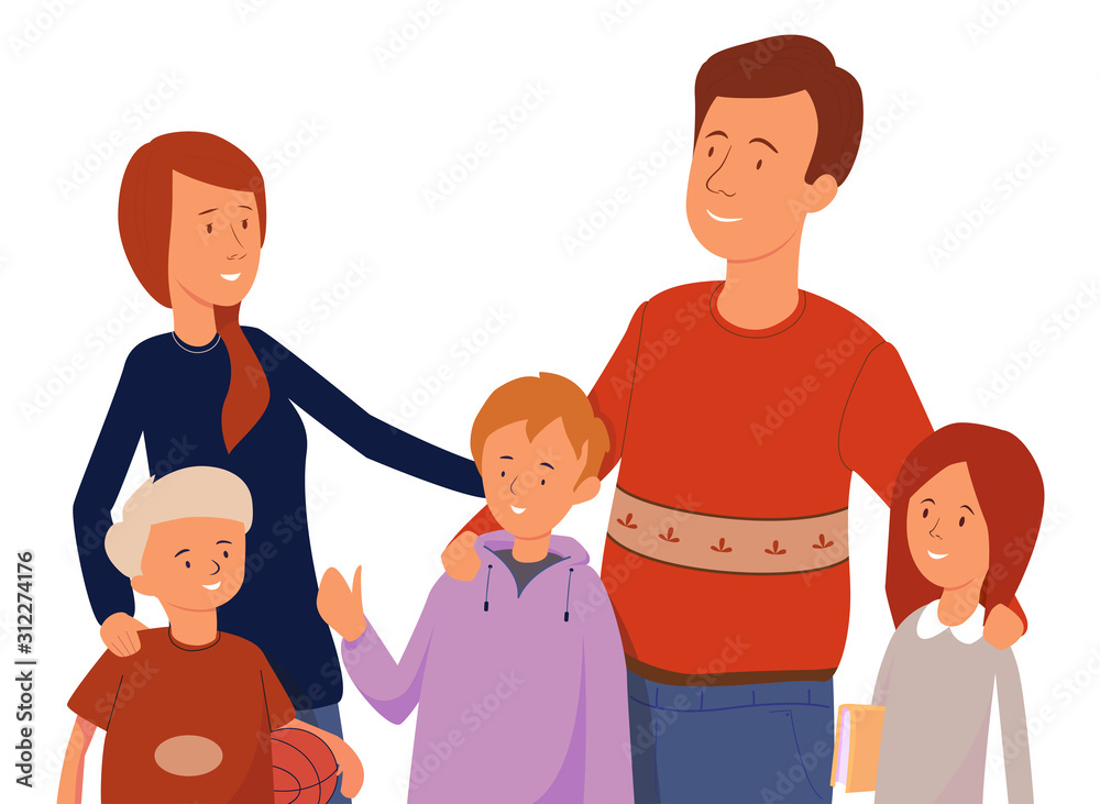 Happy young family. Dad, mom and three children. Cute cartoon characters on  white background. Vector illustration in flat style Stock Vector | Adobe  Stock