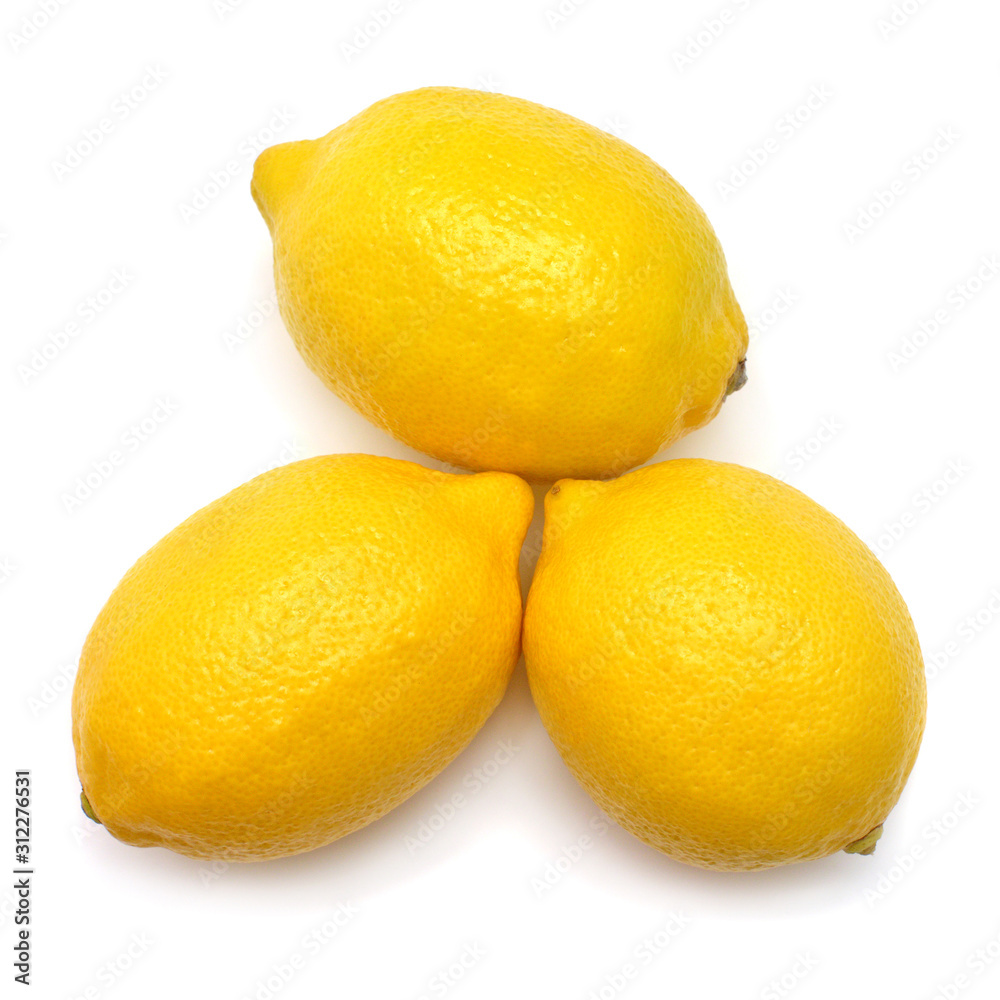 Three lemons fruit isolated on white background. Perfectly retouched, full depth of field on the photo. Top view, flat lay Three lemons fruit isolated on white background. Perfectly retouched, full depth of field on the photo. Top view, flat lay