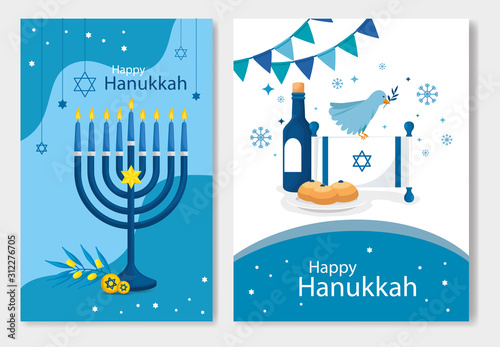 set poster of happy hanukkah with decoration vector illustration design