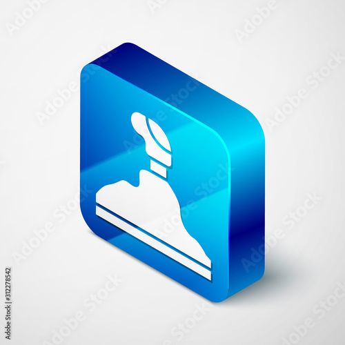 Isometric Gear shifter icon isolated on white background. Transmission icon. Blue square button. Vector Illustration