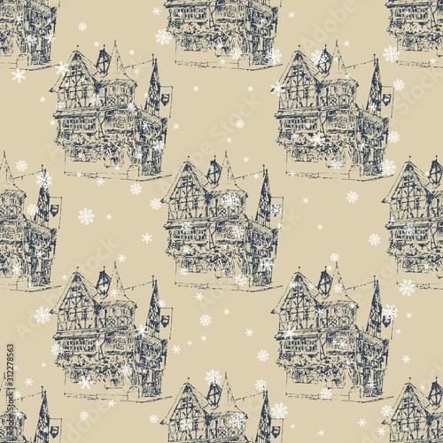 Seamless winter pattern with hand drawn sketches of ancient German timber frame house under snowflakes.