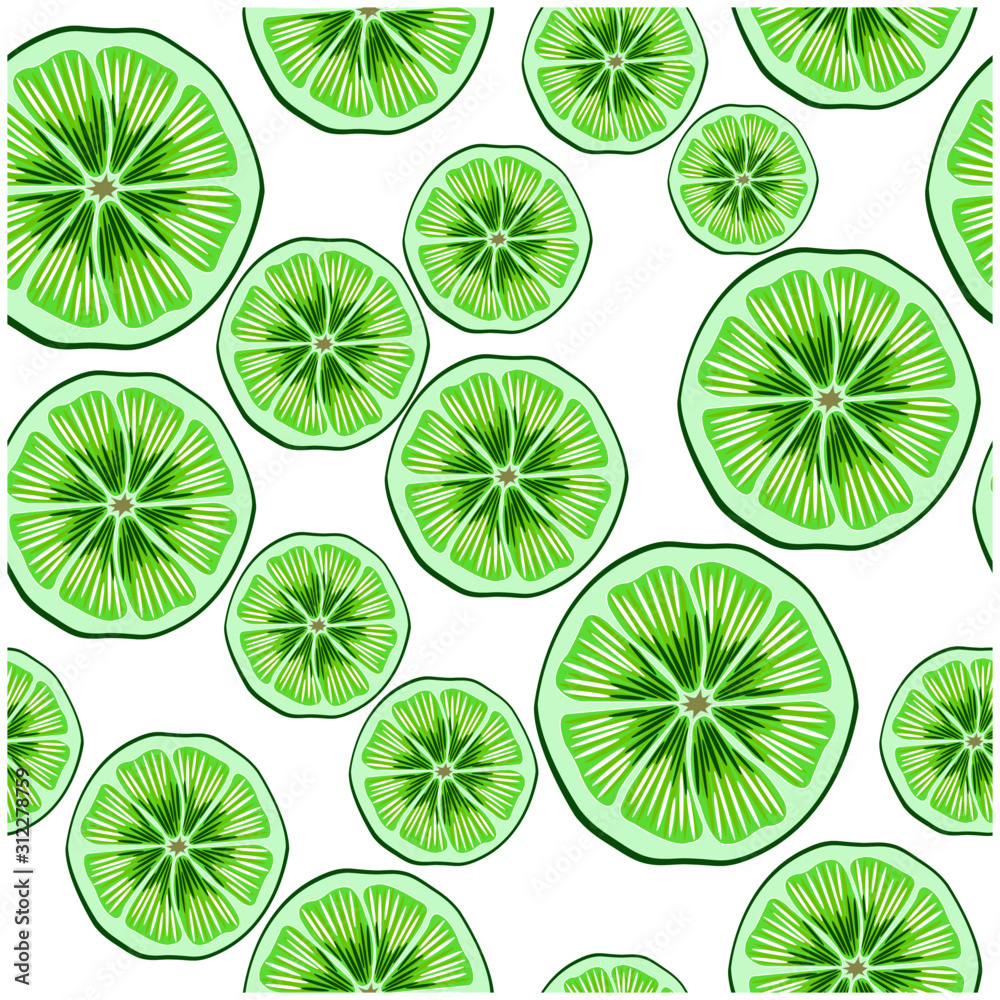 Lime flat pattern on a white background. Green lime.  Citrus fruit. Vector illustration.