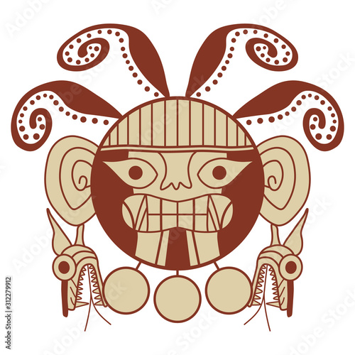 Isolated vector illustration. Face of fantastic sea monster. Stylized anthropomorphic octopus. Based on ancient art of Peruvian Moche Indians. Mochica culture.