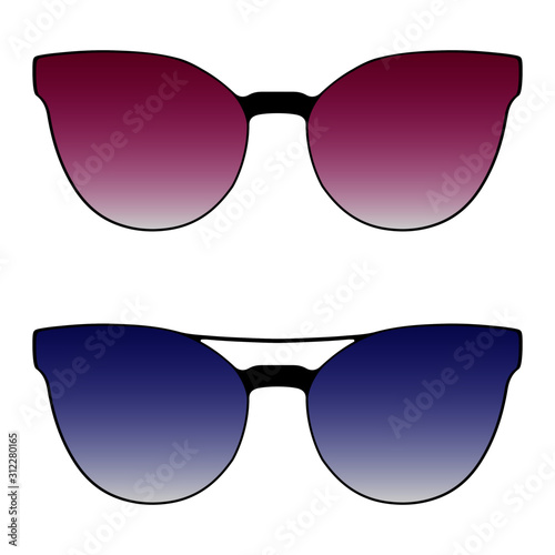 Sunglasses set. Trendy sunglasses colors. Summer eyeglasses. Fashion collection. Summer vacation item. Sunglasses for tropical trip. Glasses with gradient colored glass. Vector illustration.