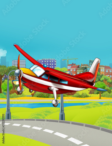 cartoon scene with fireman emergency vehicle plane flying near park road - illustration for children