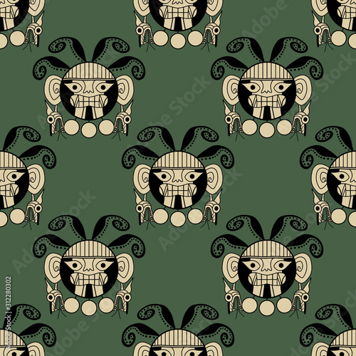 Seamless geometrical pattern with ethnic tribal motifs. Stylized monster octopuses. Ancient Peruvian art of Mochica or Moche Indians.