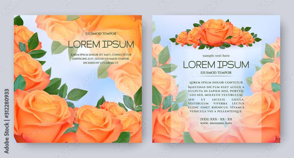 Floral vector card set with flowers of realistic orange rose on blue background. Romantic 3d templates for wedding invitation, greeting card, cosmetic products, packages, gift wraps, design elements